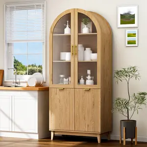 71" Tall Arced Wood Pantry Cabinet - Kitchen Cupboard with Glass Fluted Doors, Adjustable Shelf, Natural Finish for Kitchen, Living Room Storage