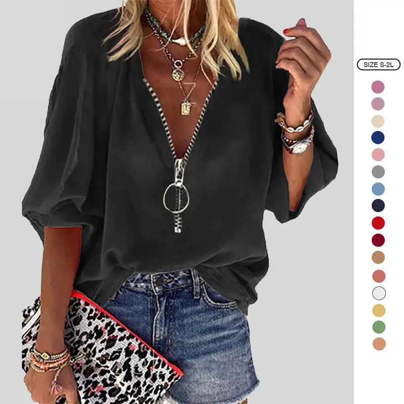 Imily Bela Womens V-Neck Lantern Sleeve Blouse Zipper Design Loose Casual Top Shirts