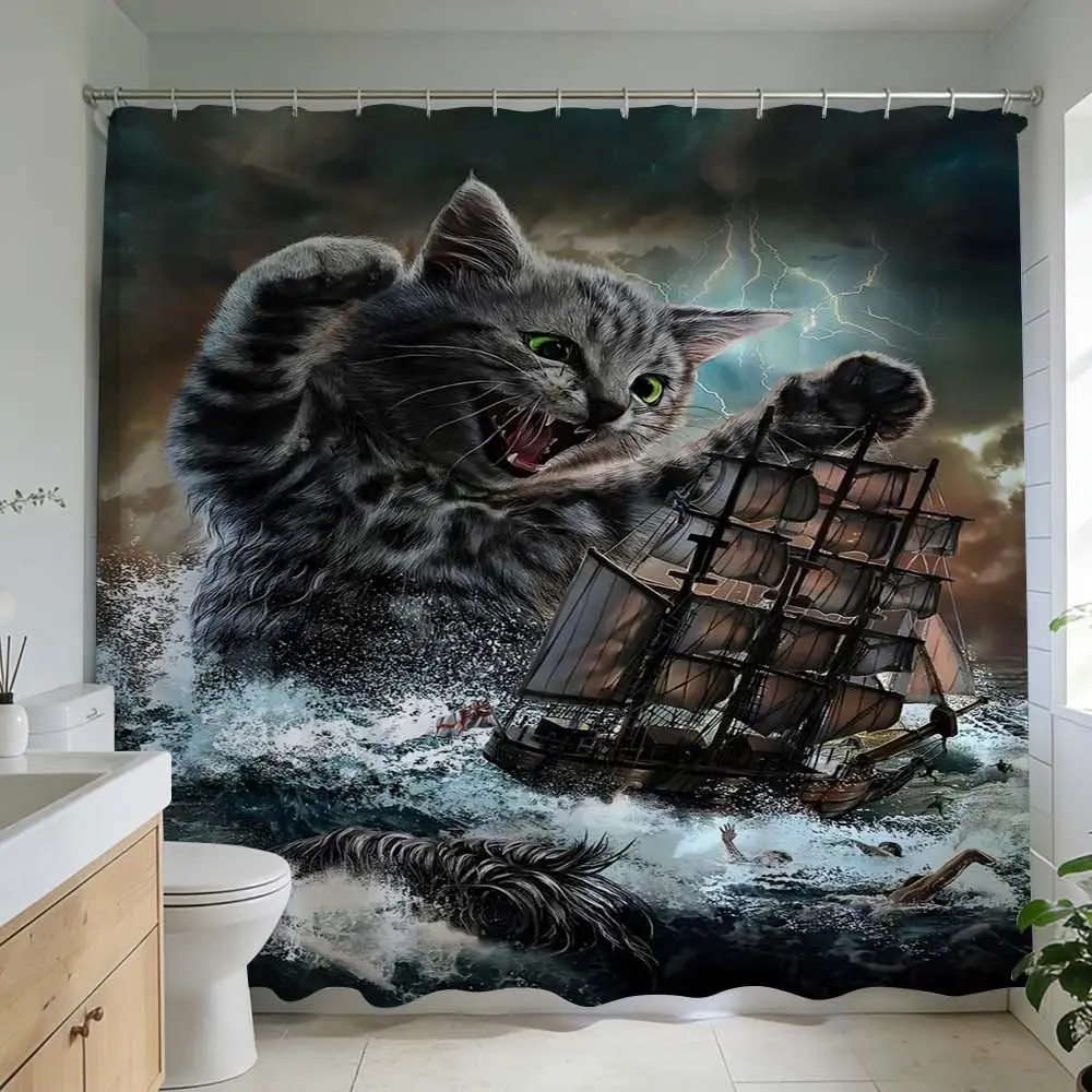 1 Pc Nautical shower curtain featuring fierce feline storm sea adventure for bold bathroom design, home decoration, ocean scene Print