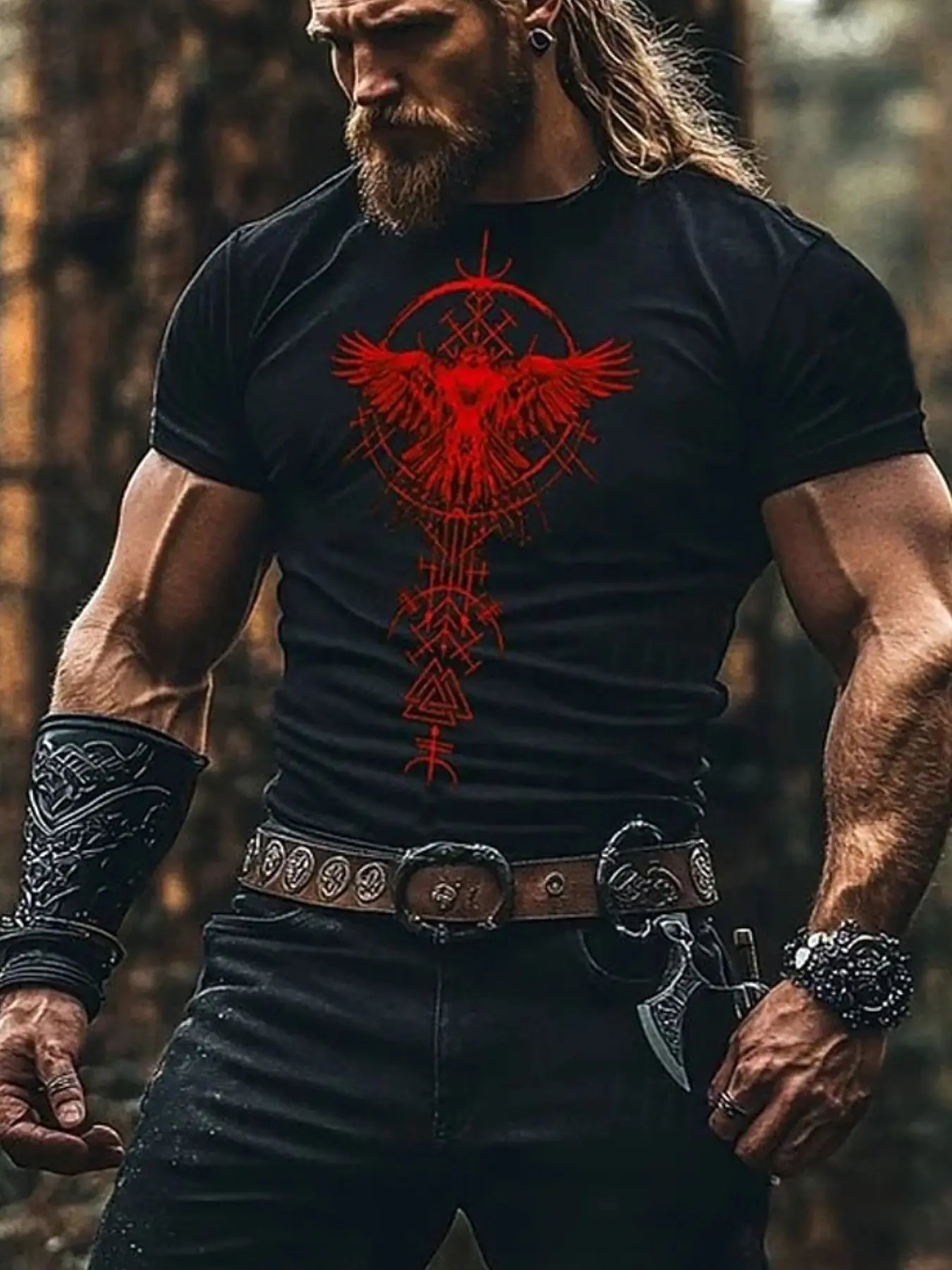 [Name]'S  Viking Norse Rune T-Shirt - Y2K Norse Mythology Streetwear with Red Eagle And Rune Chest Print Short Sleeve Round Neck Casual Shirt for Casual Attire Viking Gifts for (Machine Washable)