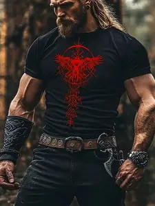 [Name]'S 100% Viking Norse Rune T-Shirt - Y2K Norse Mythology Streetwear with Red Eagle And Rune Chest Print Short Sleeve Round Neck Casual Shirt for Casual Attire Viking Gifts for (Machine Washable)