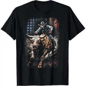 Casual Cotton shortsleeve tees  Vintage American Flag Bucking Bull Riding Patriotism Rodeo T-Shirt