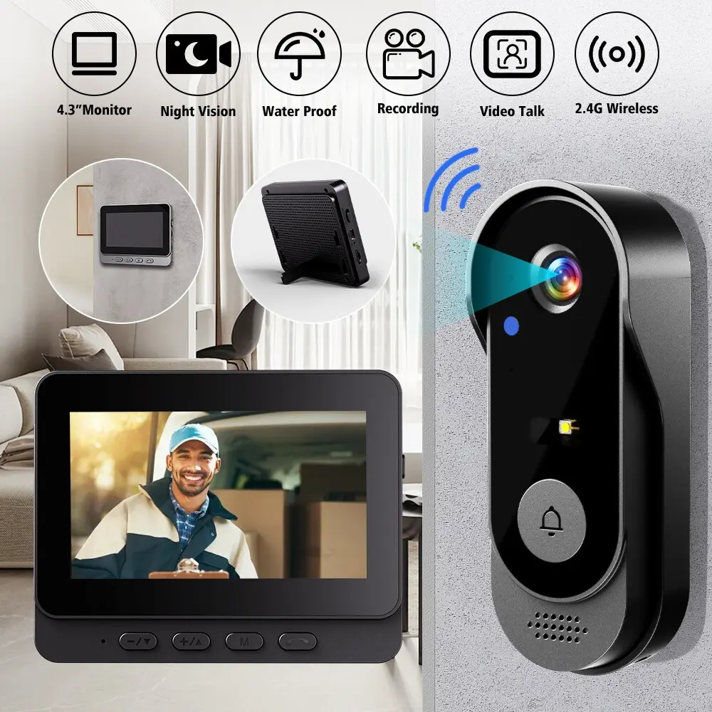 Wireless Video Doorbell with 4.3 Inch Color Screen, Night Vision, Waterproof Design, Long Battery Life, Supports Video Call & Two-Way Audio