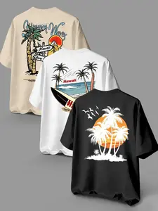 Men's Summer 3-Piece Set, Coconut Tree Tropical Resort Vibe Round Neck Short Sleeve T-Shirt, Comfortable Breathable Loose Fit for Outdoor Wear