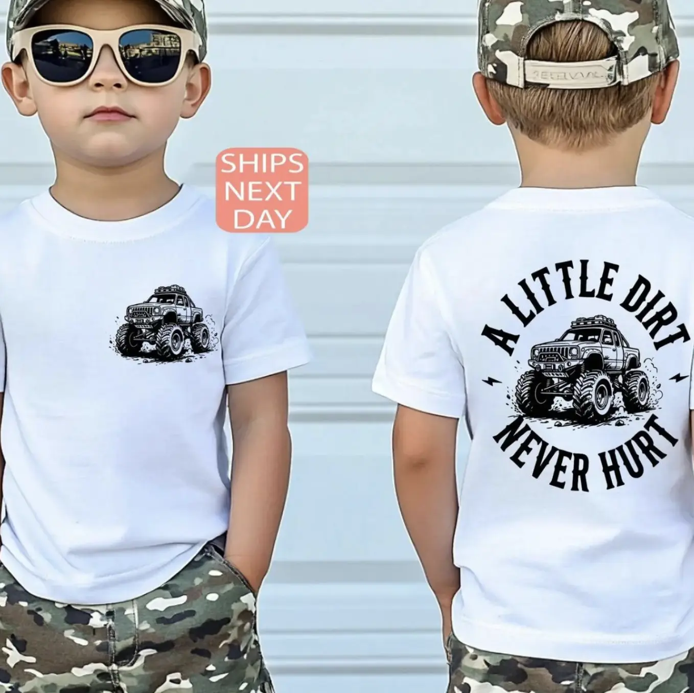Youth & Adult A Little Dirt Never Hurt toddler Shirt, Monster Truck T-shirt for Kids, Boys Adventure Graphic Tee