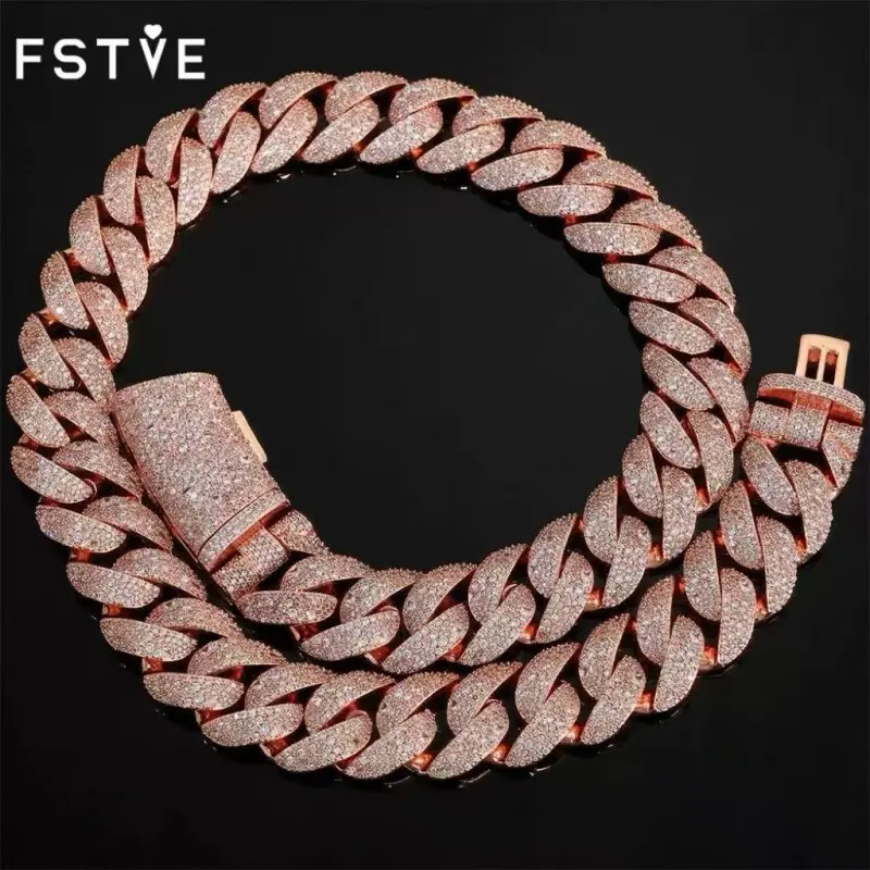 FSTVE Unisex Cuban Link Chain Jewelry Set - 22mm Rose Gold Iced Out Bubble Zircon Necklace & Brass Base Bracelet, Unique Gift for Men