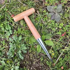 Handheld Seed Planter with Wooden Handle, Stainless Steel Seed Tool for Planting Seeds, Transplanting Plants, Bulb Planting, and Gardening, Garden Supplies