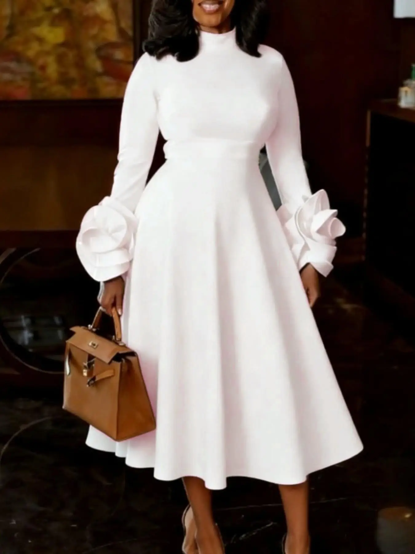 Plus-Size Elegant Chic A-Line Dress: Featuring a Semi-High Neckline, Long Sleeves, and 3D Floral Design Perfect for Weddings, Christmas, Office Wear, and Various Formal Occasions.