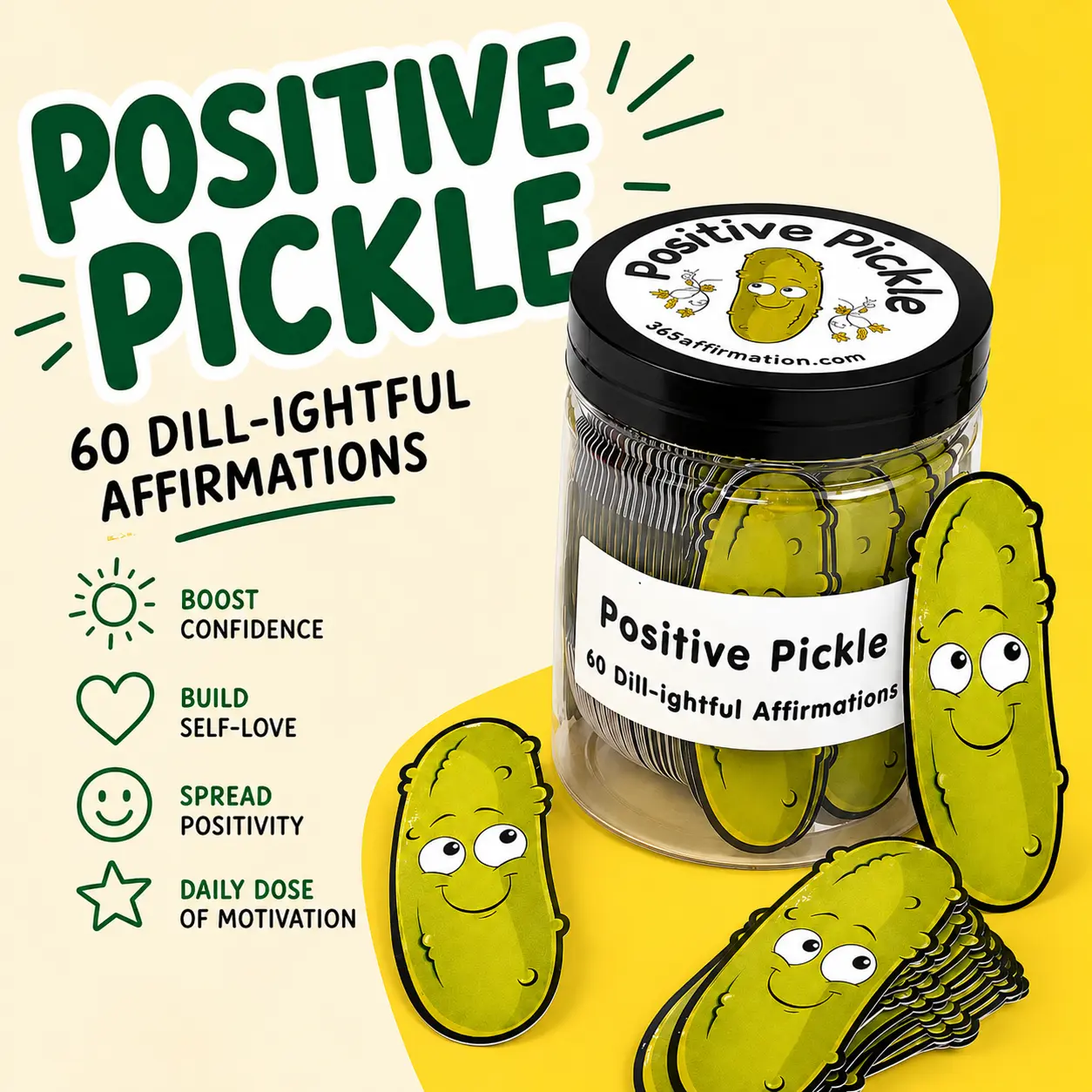 Emotional Support Pickle Jar for Easter Basket Stuffers, 60 Positive Affirmation Cards, Funny Stress & Anxiety Relief Gift for Women Men, Cute Pickle Desk Decor, Inspirational Gift for Friends & Coworkers
