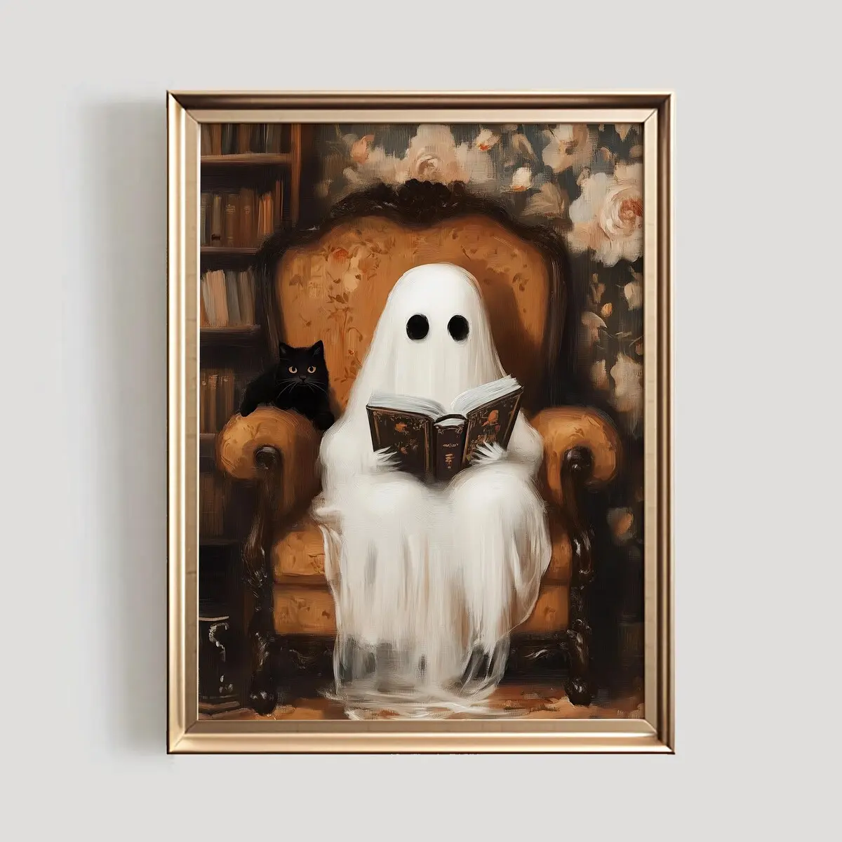 Spooky Dark Academia Poster | Library Ghost & Cat Print | Halloween Wall Art Unframed