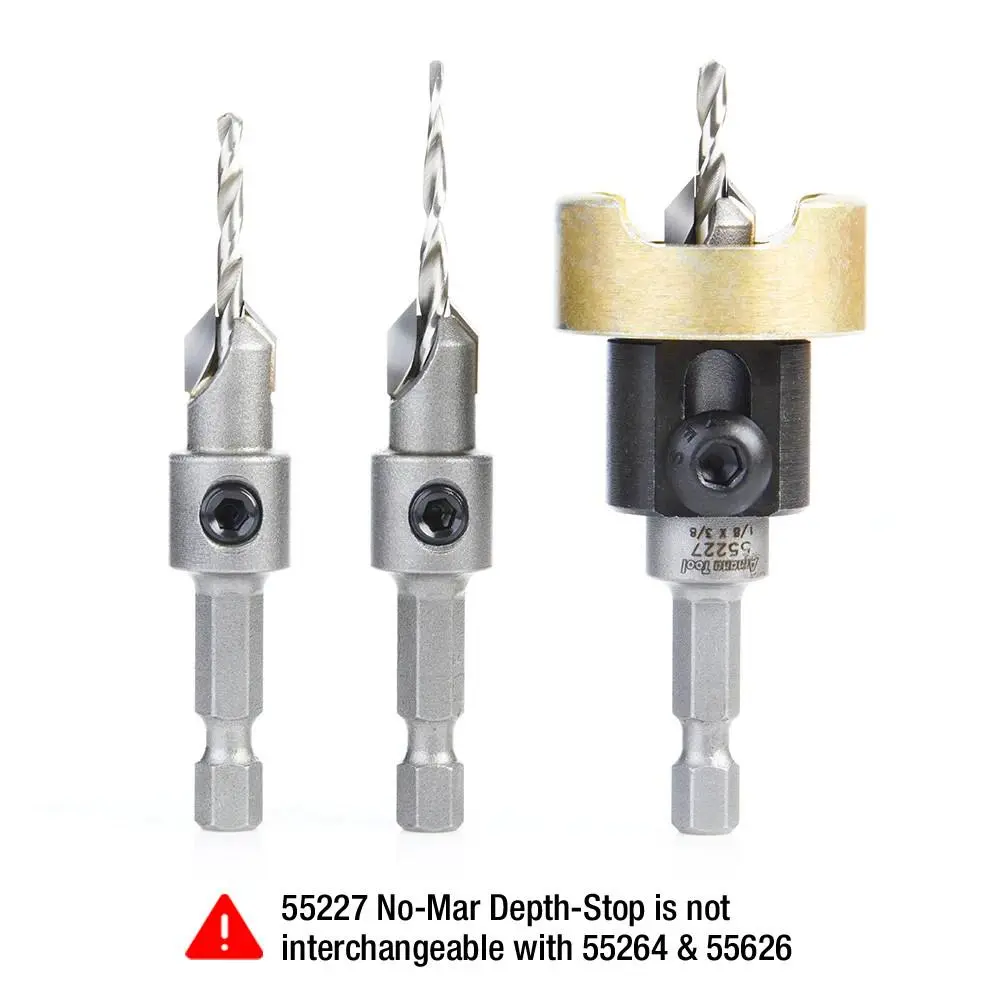 Amana Tool AMS-624 3-Pc Carbide Tipped Countersink with Adjustable Depth Stop and No-Thrust, No Marring Ball Bearing Set, Hex Shank
