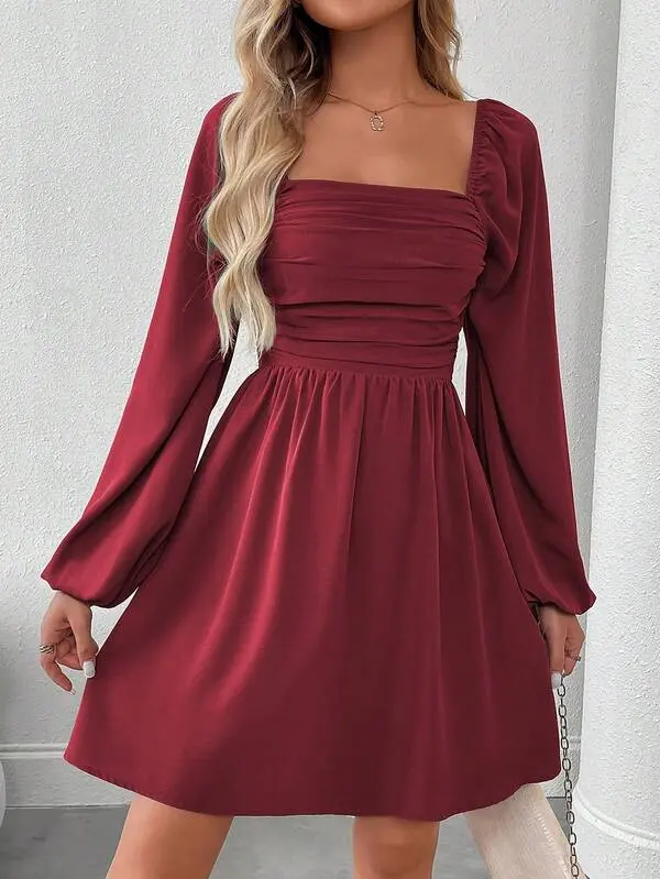 burgundy pleated mini dress Miss Circle Women Tori Wine Red Pleated Mini Dress with Chiffon Scarf main image 1