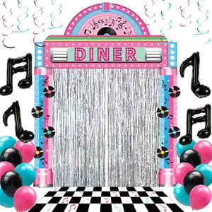 31 Pcs 50s Party Decorations 1950s Retro Diner Party Banners Black White Checkered Rug Musical Note Balloons Silver Fringe Backdrop Curtains Hanging Swirls for Rock and Roll Sock Hop Music Birthday