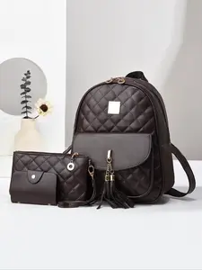 Women's Fashionable Quilted Backpack & Crossbody Bag & Wallet, Casual Large Capacity Backpack & Crossbody Bag & Wallet, Versatile Bag Set for Travel & Daily Use, Stylish Daypack