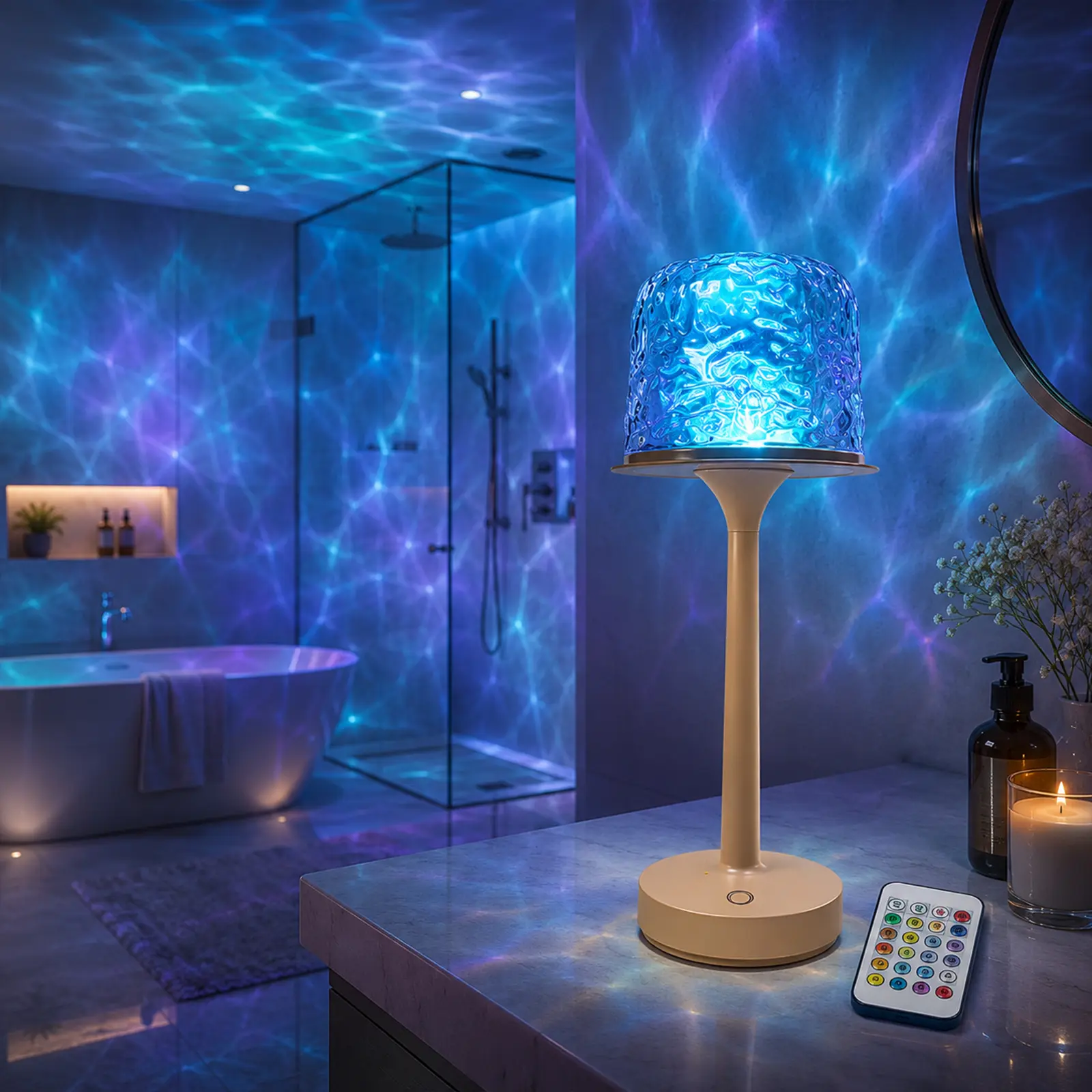 Ocean Wave Water Ripple Table Lamp, 16-Color Aurora Ambient Desk Lamp with Remote Control, Romantic Night Light for Bedroom, Living Room, Study, Home Decor, Holiday Birthday Gift