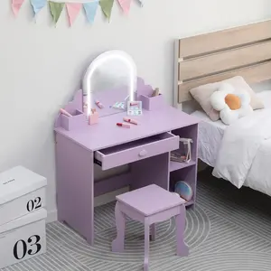 Garvee Vanity Set with Illuminated Mirror and Adjustable LED Light, Wooden Makeup Play Set with Stool, Storage Drawer, and Shelves, Available in Purple, White, and Pink, Suitable for Ages 3-9