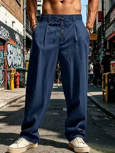 Men's Linen Wide Leg Casual Loose Baggy Pants, Elastic Waist Drawstring, Casual Long Trousers, Comfortable and Stylish, Perfect for Daily Wear
