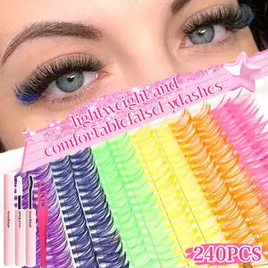 600/392/240Pcs DIY Eyelash Extensions, Mixed Style Individual Eyelashes with Glue, Tweezers and Brush, Mixed Length & Color D Curl Eyelashes Clusters, Suitable for Beginners, Voluminous Lashes for Parties