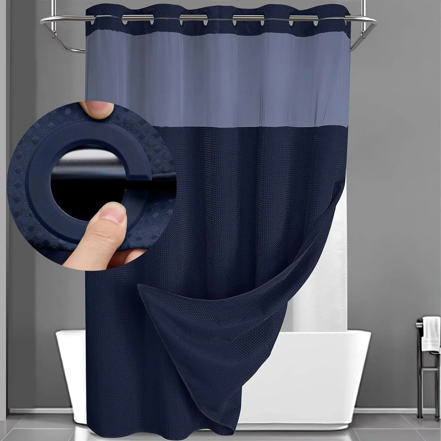 Blue Double Layer Waffle-Pattern Shower Curtain - NoHook Snap-in Liner, Fabric Waterproof Inner & WashableWhite Outer Cloth, Modern Bathroom Accessory for Home/Hotel/Salon/Dorm, 72x75 Inch
