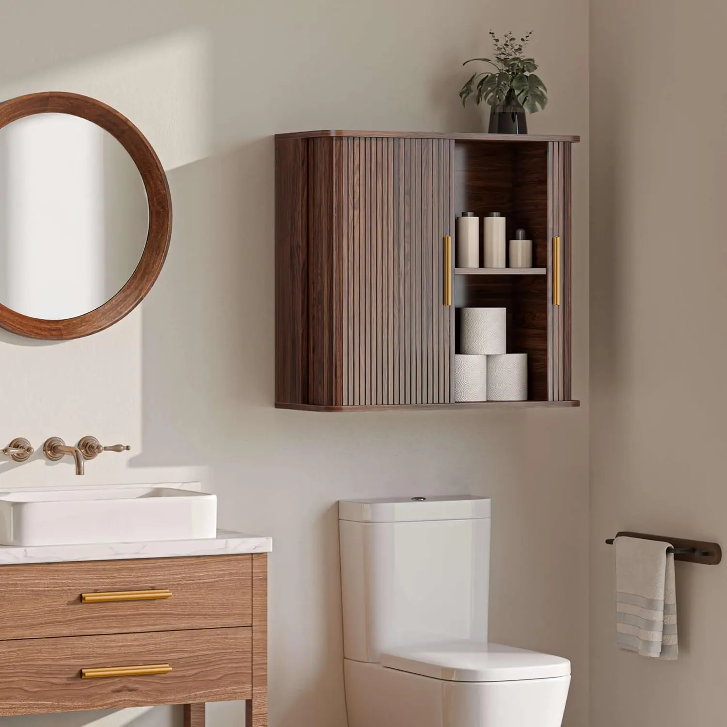 FIMELLO Modern Brown Walnut Wood Wall-Mounted Bathroom Organizer Cabinet, 29.5" W Floating Upper Cabinet with Sliding Tambour Door, Adjustable Shelves & Rich Grain, Requires Install (for Bathroom, Laundry Room)