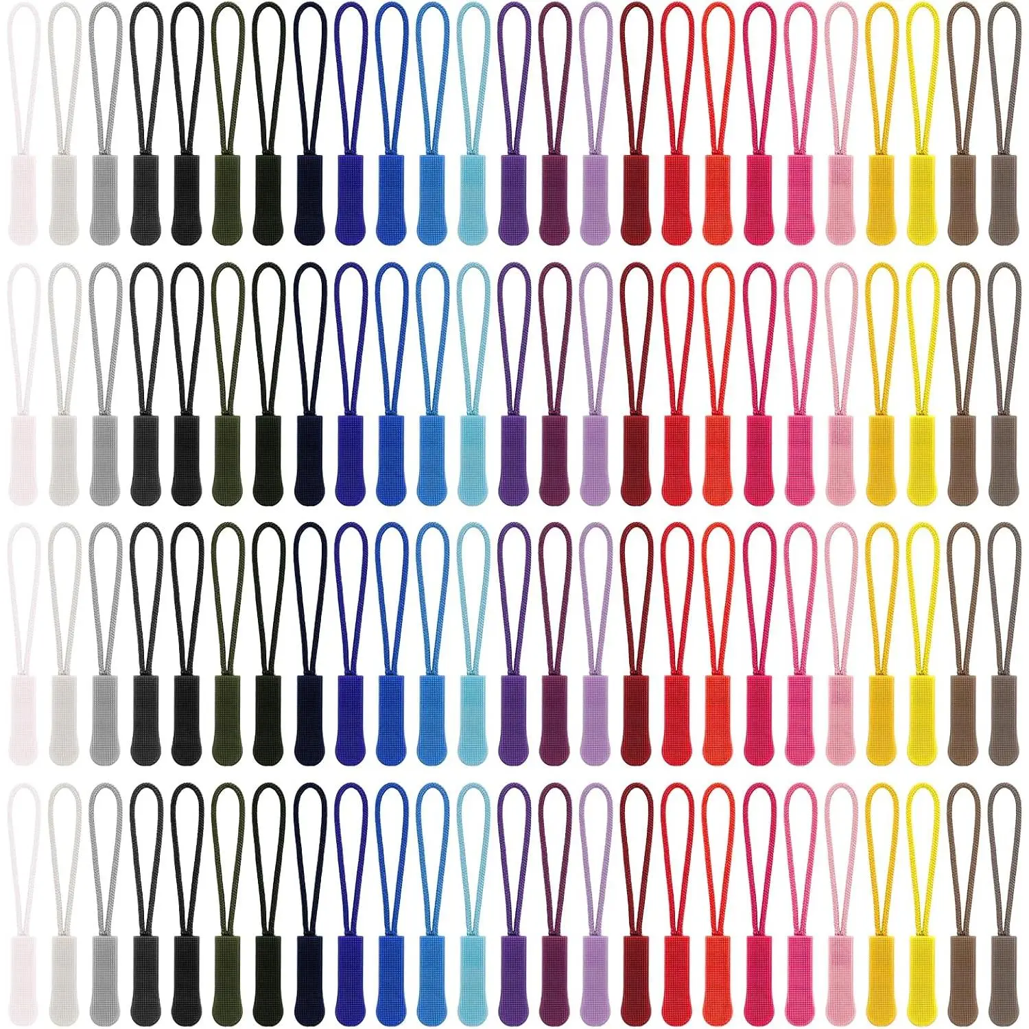 100 count 25 Colors Nylon Zipper Pull  Nylon Cord Zipper Tag  Cord Fixer Zippers for Clothes Luggage Backpacks Jackets Handbag