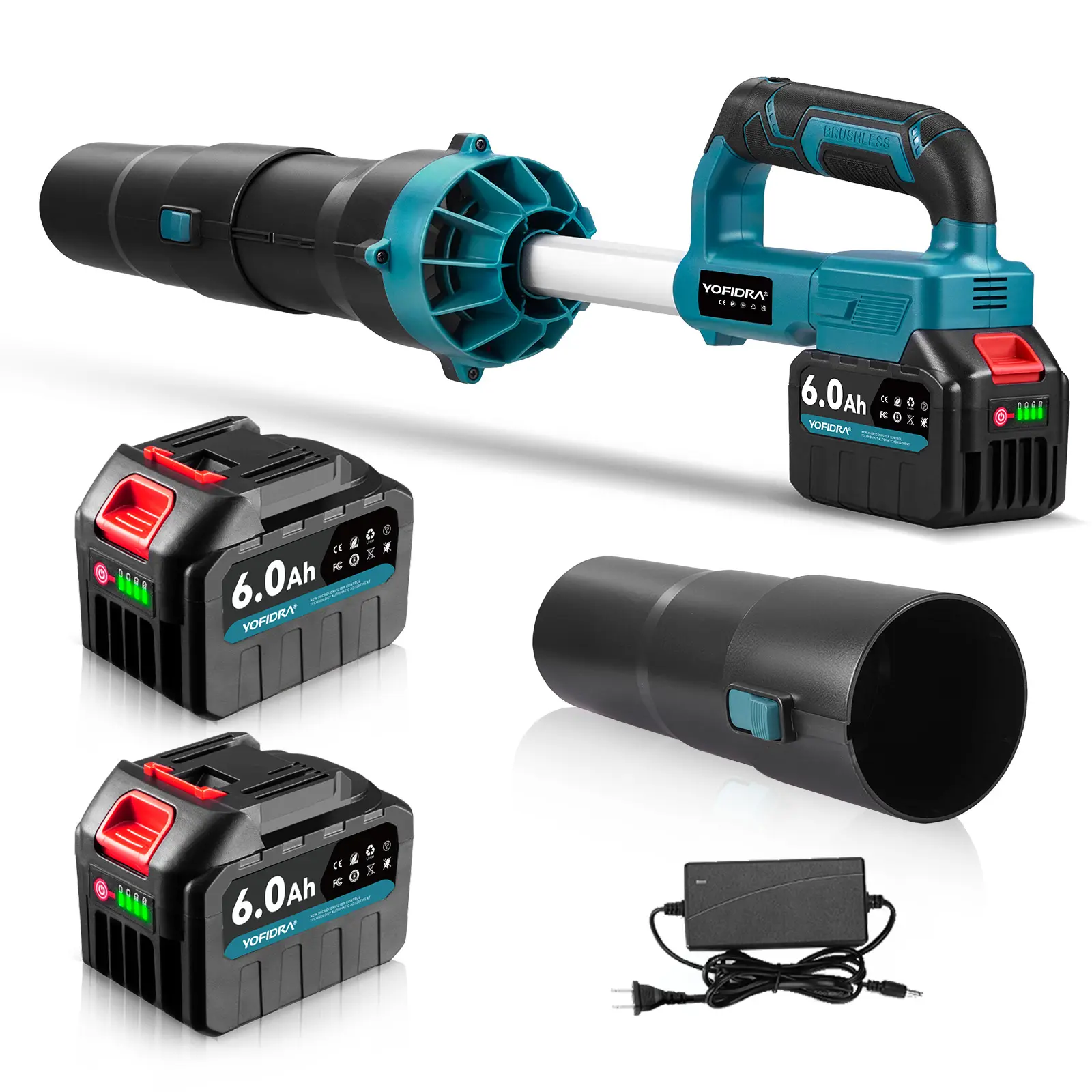 YOFIDRA Cordless Leaf Blower - Handheld Leaf Blower with 21V Brushless Motor, 36000RPM Ducted Fan, 5-Speed & Burst Mode, 2x6.0Ah Batteries & Fast Charger, 180m/s Airflow, 2kg Blowing Force, Makita Compatible for Yard & Garage Cleaning