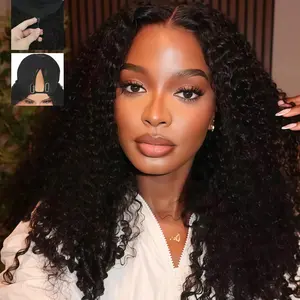 [Burmese V Part] Dachic Hair Burmese Curly Human Hair V Part Wigs for Women Drawstring Seamless Flip Wear Go Glueless Wigs 200% Density Upgrade Human Hair Wigs with Drawstring and Spiral End Glueless Clip-in Half Wigs for Black Friendly Natural Black