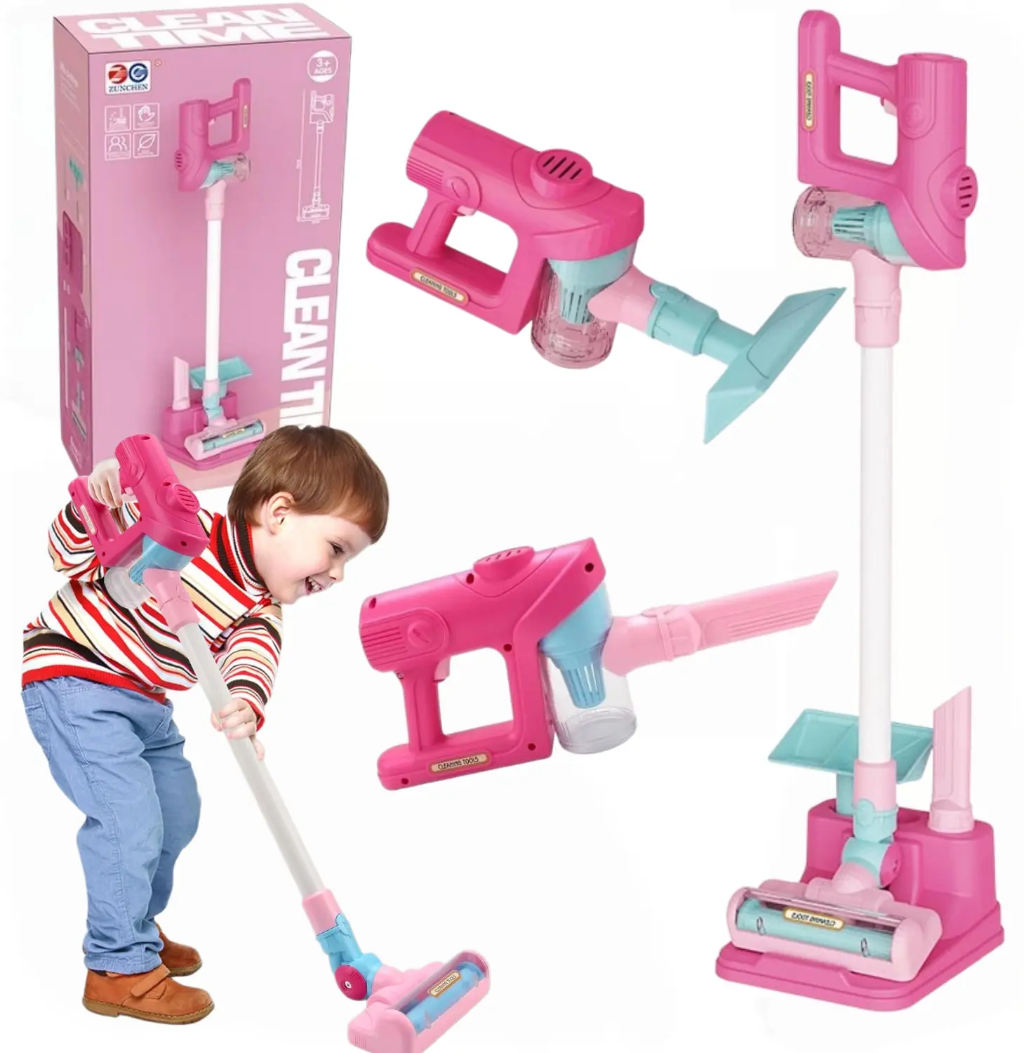 Kids Toy Vacuum Cleaner, Pretend Play Cleaning Toy Set with Interchangeable Nozzles, 7 Pcs Toddler Housekeeping Role Play Toy, Educational Learning Gift for Boys Girls Ages 3+, Pink