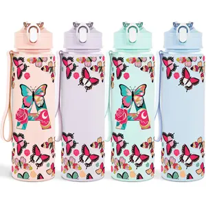 Butterfly & Letter Pattern Water Bottle, 1 Count 25oz Water Bottle with Name, Time Marker & Hydration Reminders Water Bottle for Fitness, Hiking, Outdoor Travel, Drinkware