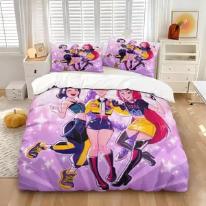 K-pop Girl Group Anime Duvet Cover Set, 1 Duvet Cover + 1/2 Pillowcases, No Core, Sparkly Purple Print with Idol Trio & Star Accents, Soft Cozy Breathable All-Season Bedding for Teens & K-pop Fans Bedroom & Dorm Decor