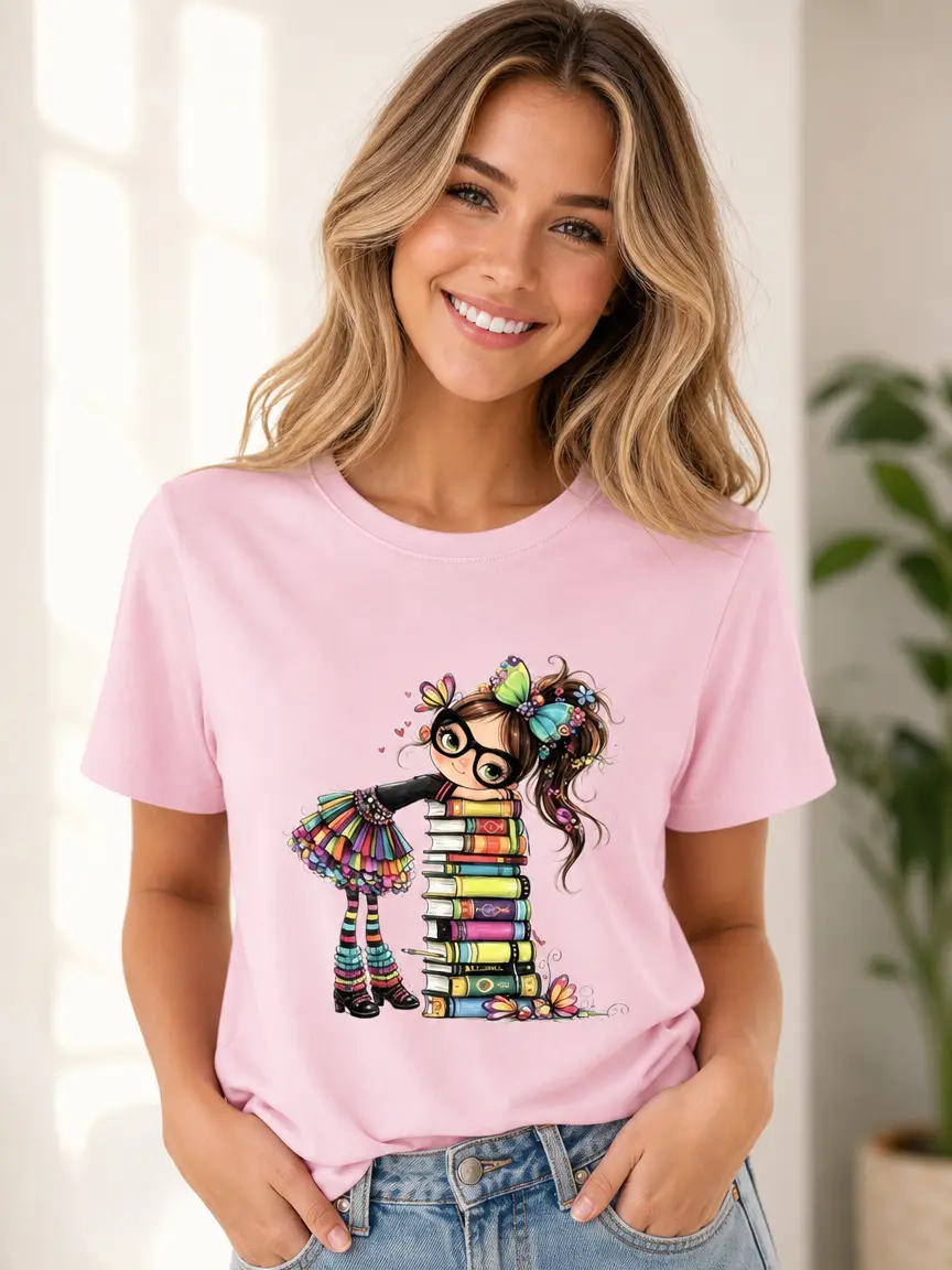 Women's Fashion Cotton Fabric Short Sleeve Casual Fitted T-Shirt - Vibrant Cartoon Graphic Top with Glasses-Wearing Rainbow Tutu Girl Leaning on Colorful Book Stack & Butterfly, Casual Wear, Fitted Cut, Comfortable, Print