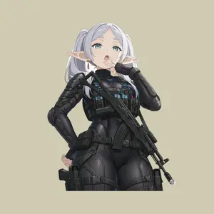 Frieren Elf Tactical Girl Sticker, Silver Twin Tails, Sci-Fi Armor Style, Anime Vinyl Decal for Gun Case & Notebook
