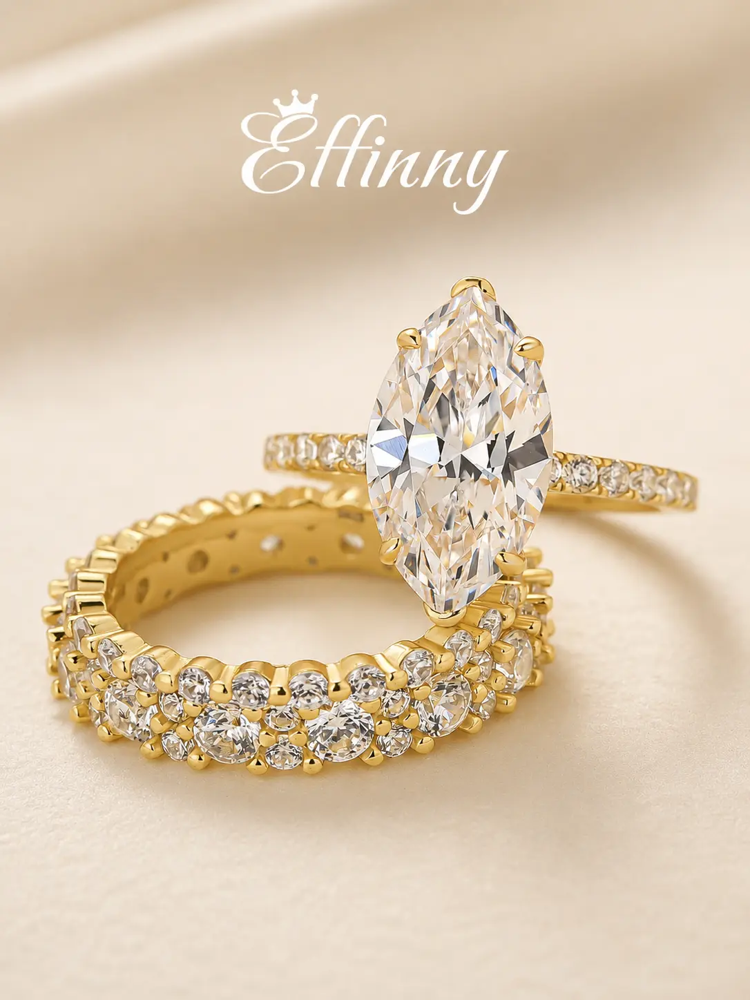 Effinny 14K Gold Plated Non Tarnish 3.5ct Marquise Cut 3PC Wedding Ring Set, CZ Trendy Promise Jewelry with 2 Eternity Bands for Travel-friendly