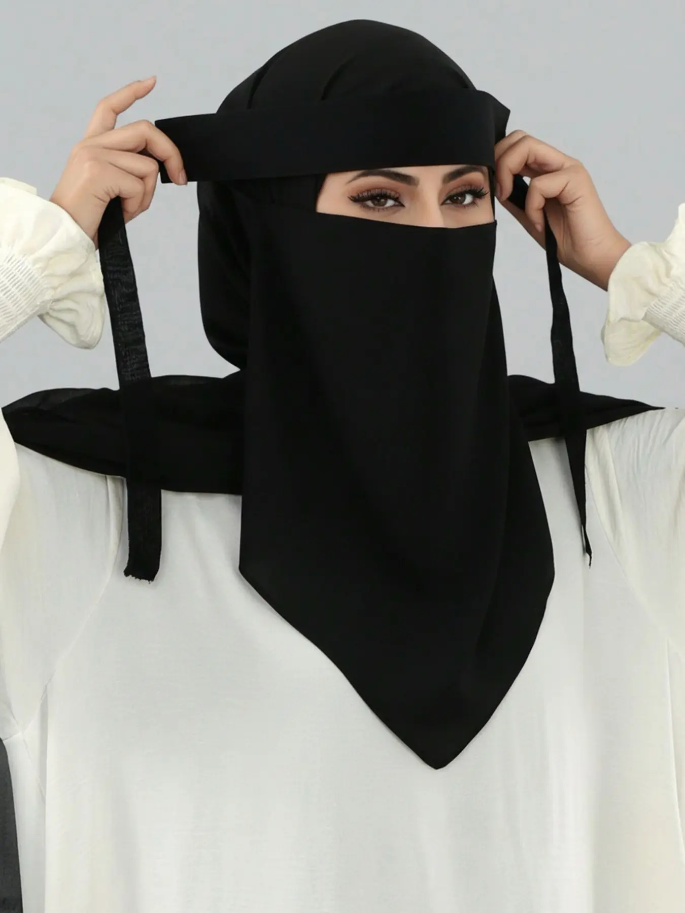 Women's Plain Lace-Up Muslim Hijab Scarf, Adjustable Elastic Design, Breathable Ramadan Fashion Accessory, All-Season Comfort Wear