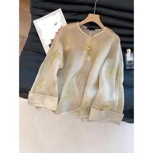 Women's Beige/Antique Gold Jacket - Vintage Chinese Style Elegant Wrap Coat, Wedding, Party, Formal Occasion Opaque Structural Jacket - Spring Autumn Luxurious Top, Formal Jacket, Satin Texture