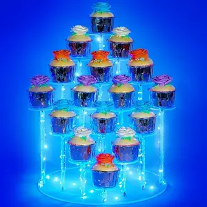 Cupcake Stand for 16 Cupcakes,Ideal Acrylic Cupcake Tower Stand with Blue Lights,Cake Tier Display Stands for Parties, Perfect Cupcake Holder for Dessert Tables