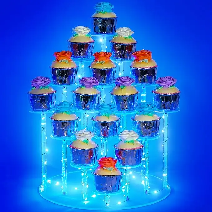 Acrylic Round Cupcake Stand - 16-Cupcake Capacity, Blue Light-Equipped, Decor-Friendly Tiered Display Holder for Wedding & Party Dessert Tables