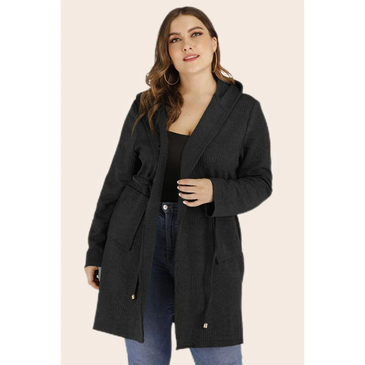 Plus Size Drawstring Waist Hooded Cardigan with Pockets