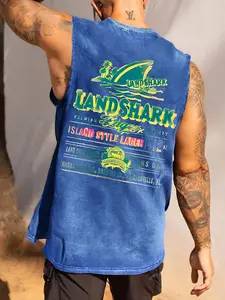 Men's Vintage Washed Work Vest, Loose-Fit Round Neck Sleeveless Top, Pure Cotton Raw Edge Graphic Design, Summer Streetwear Essential, Tank Top Casual