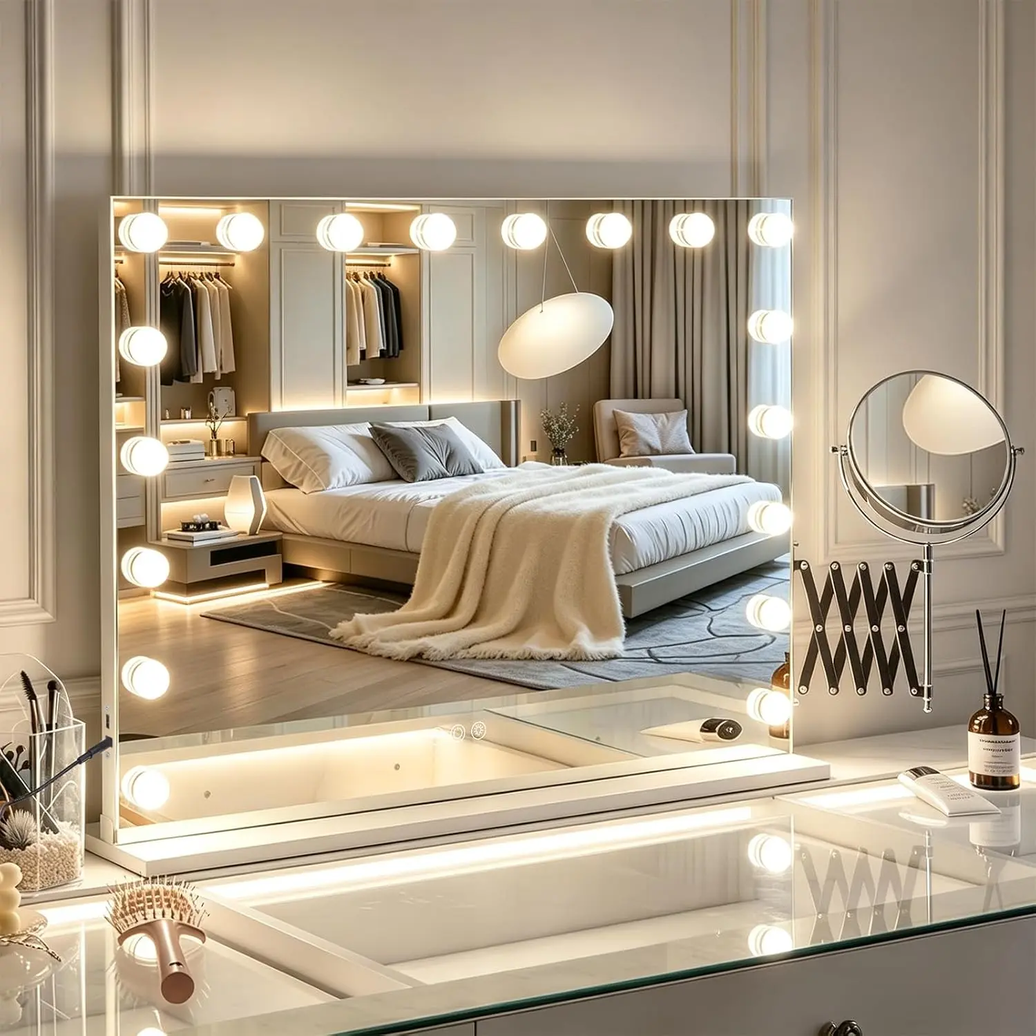 VANITII Vanity Mirror with Lights and 18 Blubs Lights 32"* 23" Large Makeup Hollywood Mirror with 3X Magnifying Mirror Dimmable 3 Modes Light for Bedroom Desktop