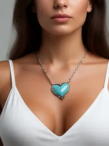 1 piece, Bohemian-style heart-shaped turquoise patterned pendant necklace, Mother's Day gift, exquisite jewelry gift, unique party jewelry, everyday outfit accessory, fashionable and versatile delicate birthday gift necklace, Love Heart Necklace
