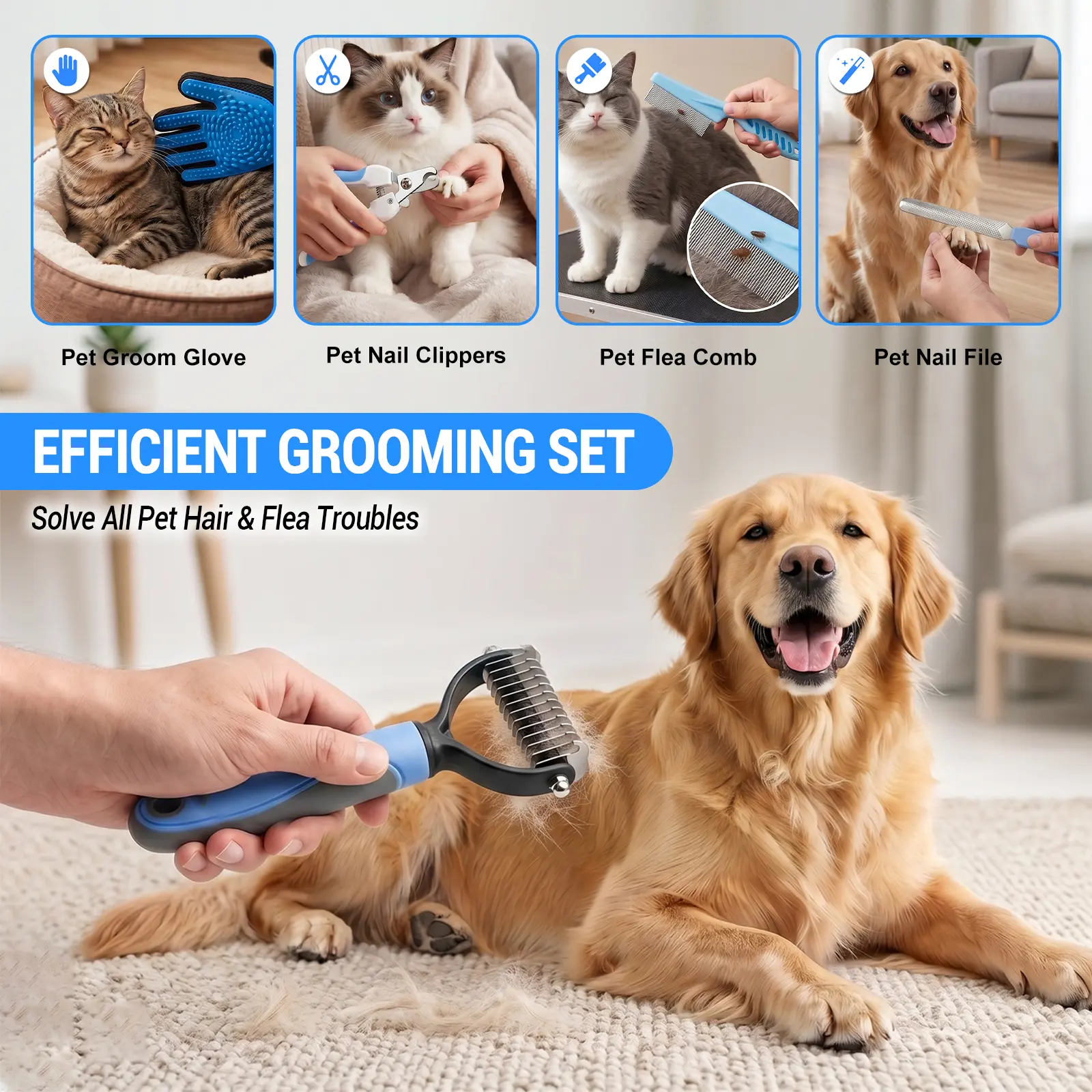 5-in-1 Dog & Cat Grooming Kit - Stainless Steel Hair Care Products, Double-Sided Deshedding Tool, Deshedding Rake, Grooming Glove, Nail Clippers for Fur Control & Loose Fur Removal (Beauty/Hair Care) brush shedding extra-wide long-haired pet