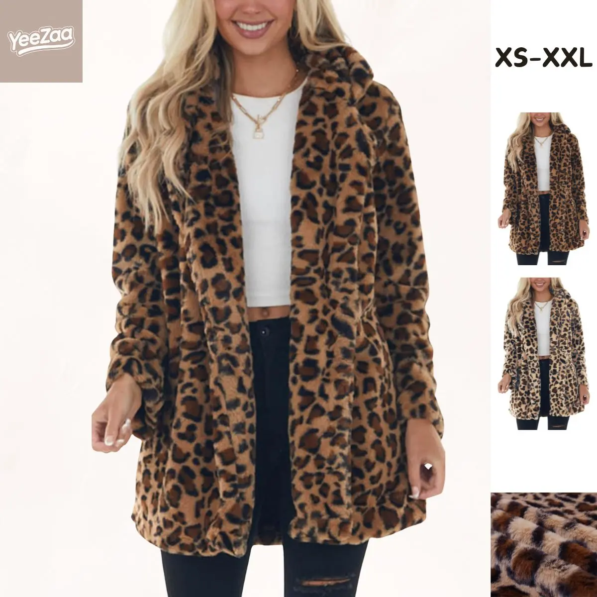 YeeZaa Leopard Faux Fur Jackets for Women 2026 Fall Winter Fashion Long Sleeve Loose Fur Coat Warm Fluffy Jacket Outwear with Pockets