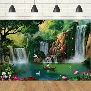 1pc, 2d, Scenic Waterfall Landscape Wall Tapestry, Green Trees Lotus Crane Nature Print, Serene Scenery Banner, Ideal for Living Room, Bedroom, Office Decor, Feng Shui Style