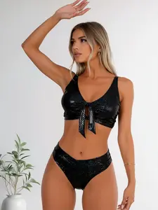 Sexy Black Snake Print Bikini High Waisted Two Piece Bathing Suit Tie Front Top Glitter Swimsuit Women Beach Vacation Swimwear