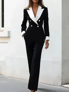 Elegant Patchwork Suit Romper, Double Button Lapel Fitted Jumpsuit, Perfect for Parties & Formal Occasions