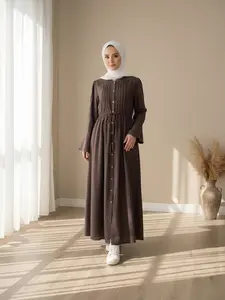 Women's Open Front Pleated Bow Tie Side Pockets Flared Sleeves Princess Dress & Nude Long Abaya Muslim Maxi Skirt Modest Style Dress Muslim Women Gowns