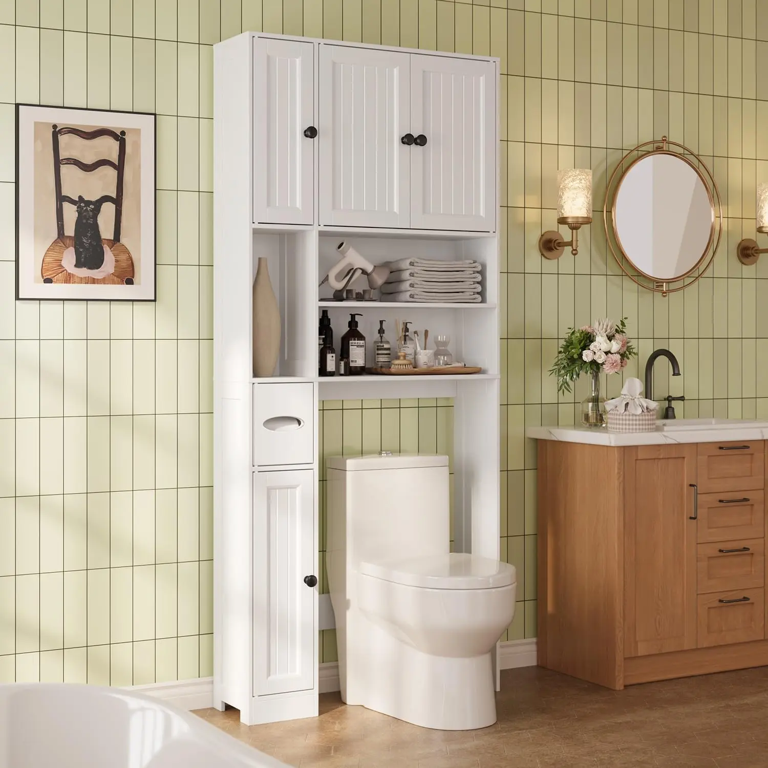 Gizoon Over The Toilet Storage Cabinet, with Five Doors, White | Over Toilet Bathroom Organizer with Adjustable Shelves, Above Toilet Storage Cabinet for Bathroom, Restroom, Laundry