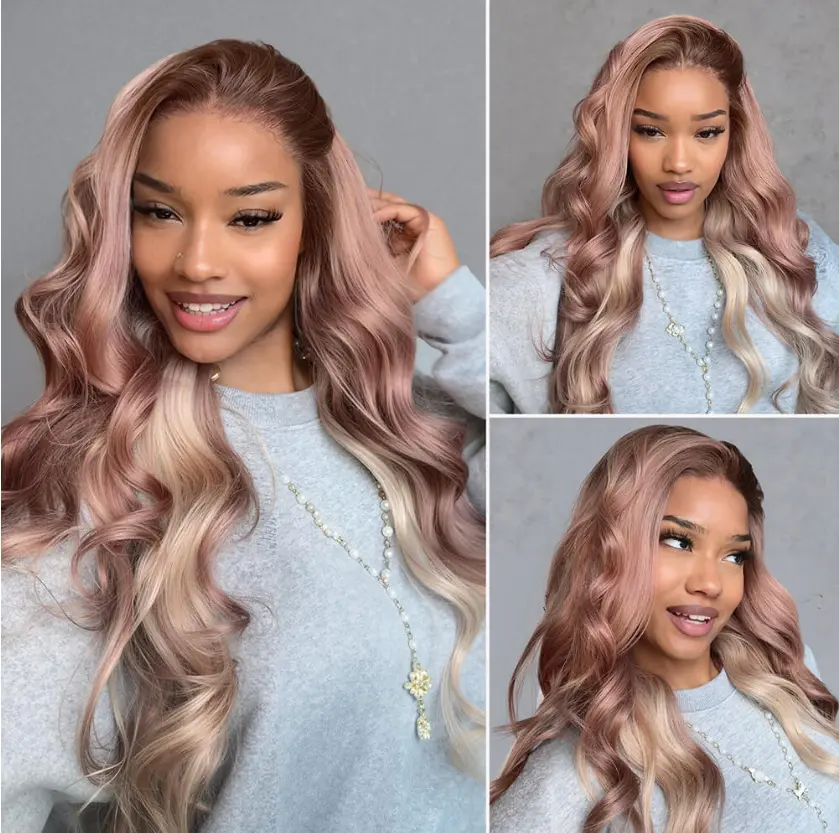 Megalook 13x6 Glueless Lace Frontal Ombre Strawberry Blonde Colored Wigs Body Wave with Drawstring 100% Human Hair Wig
