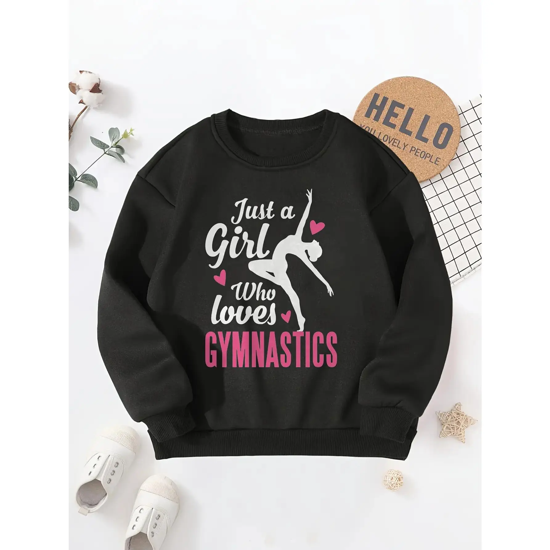 Girls' Gymnastics-Themed Sweatshirt - Pink with Gymnast Silhouettes & "Just a Girl Who Loves Gymnastics" Lettering, Long Sleeve Crewneck Casual Athletic Wear, Machine Washable Gym Outfit for Gymnasts - Comfortable Everyday Sweater for Gym Practice